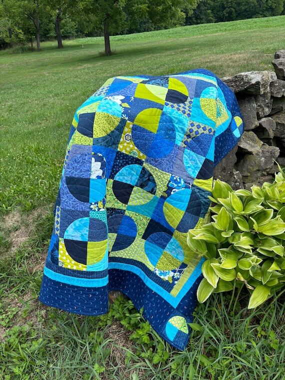 Blue Moon; Colorful quilted throw in shades o...