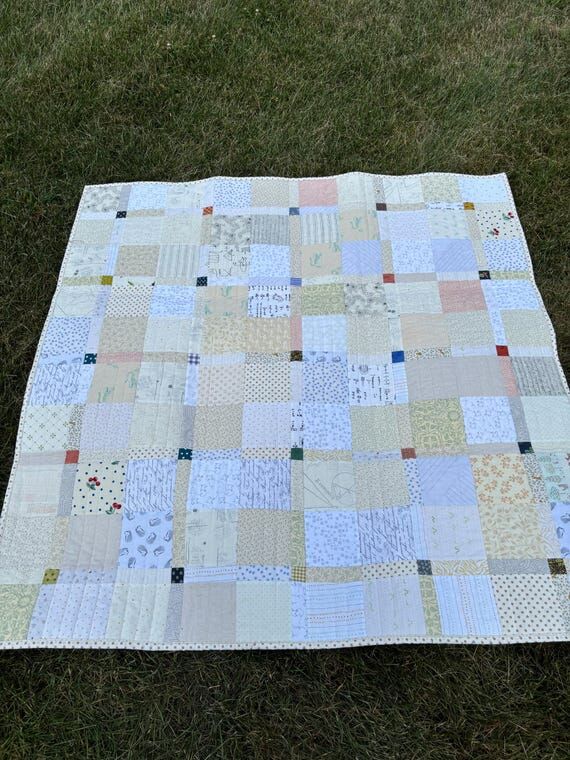 Low volume, handmade patchwork baby quilt wit...