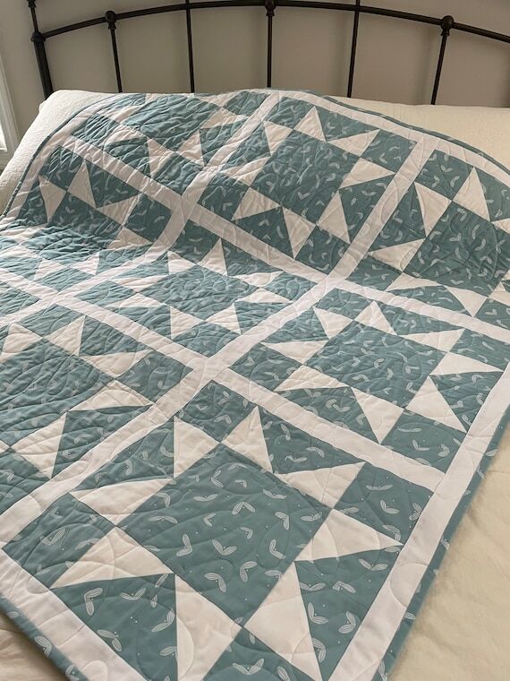 Star Baby Quilt, Teal & White Cotton Patchwor...