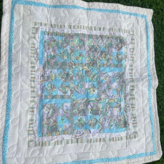 Handmade Baby Quilt: Teal, Beige, and Grey Pa...