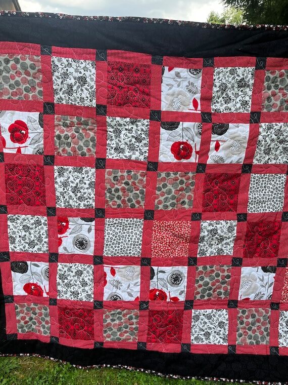 Handmade Baby Quilt: Red, Black and White Pat...
