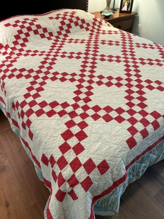 Red & White Antique Quilt: Double Irish Chain...