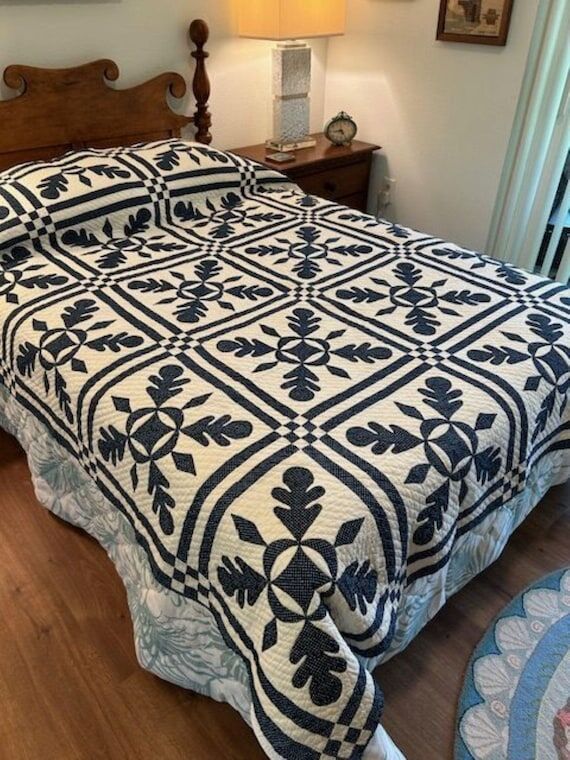Indigo Blue Cotton Antlque Applique Quilt, 18...