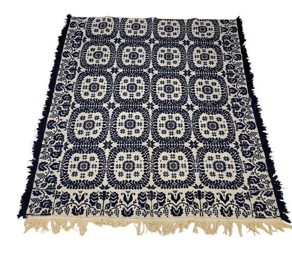 Antique Woven Coverlet, Blue & White mid 1800...