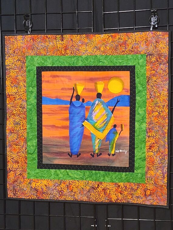 African quilted wall hanging, batik fabric, A...