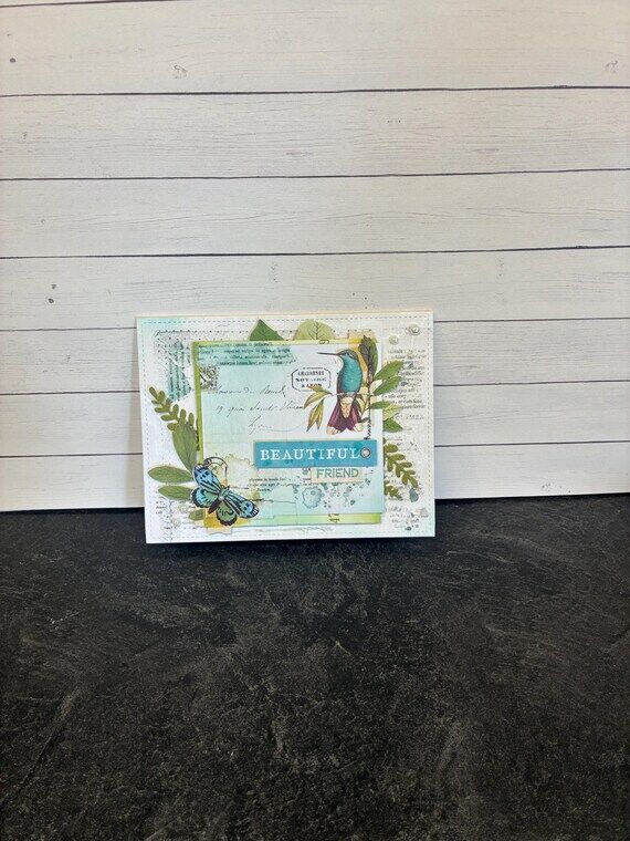 Mixed media greeting card bird butterfly beau...