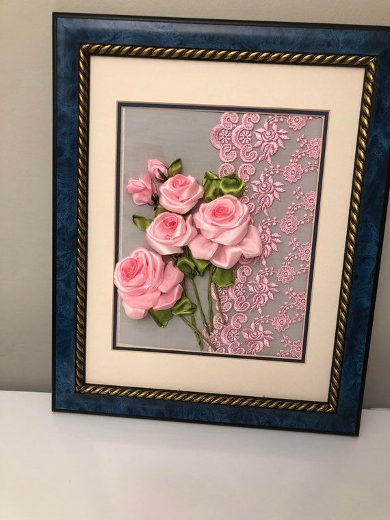 3D Pink Rose Ribbon Embroidery Art: Modern Fl...