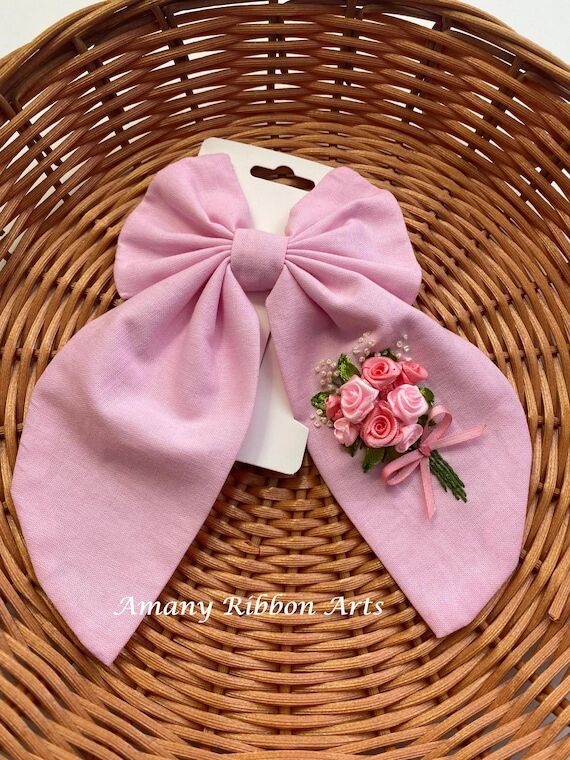 Ribbon Embroidered Hair Bow: Hand Embroidered...