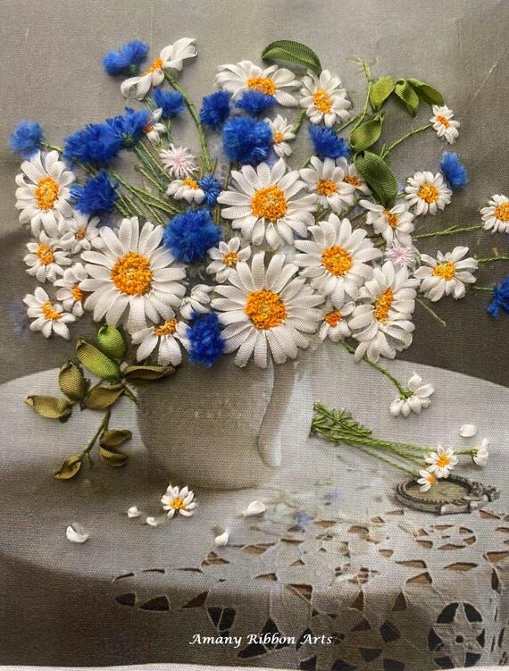 Hand Embroidered Silk Ribbon Art: Floral Vase...