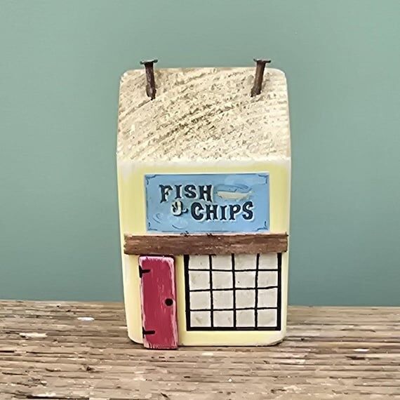 Wooden fish and chip shop model. Seaside orna...