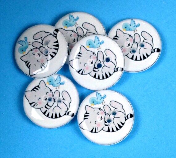 Handmade Grey and Black Striped Cat & Bluebir...