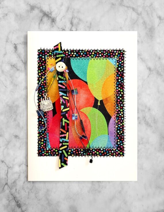 Handmade Fabric Art Birthday Card: Balloons &...