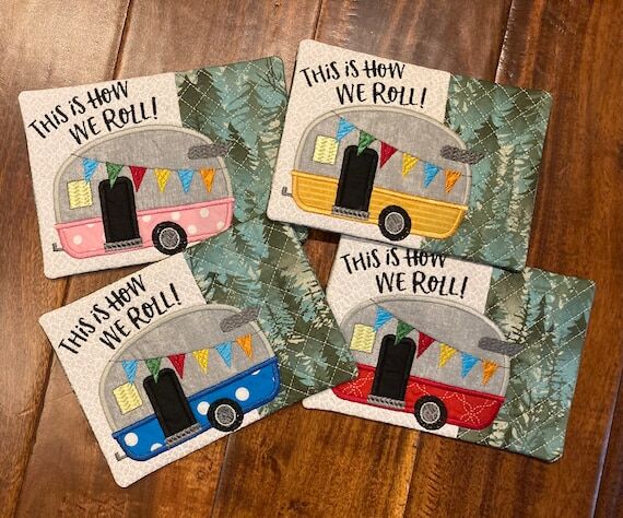 Handmade Embroidered Camping themed Mug Rugs/...