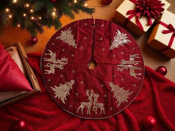 Handmade Red Dupion Christmas Tree Skirt, Emb...
