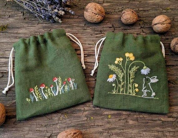Embroidered Linen Drawstring Pouch, Easter Gi...