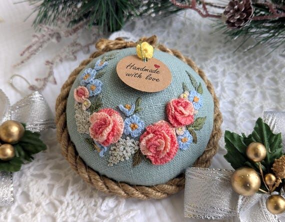 Hand-Embroidered Linen Pin Cushion: Floral Se...