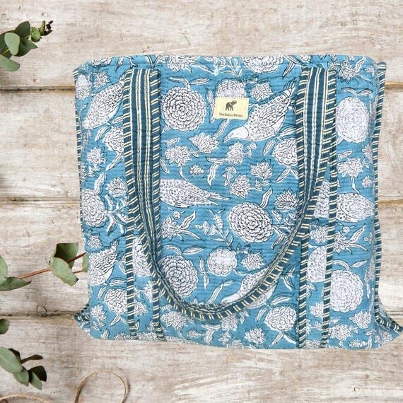 Handprinted Large Tote Bag Dusty Blue Bird Bl...