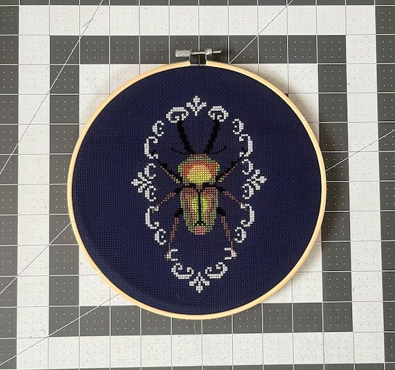 Handmade Green Beetle Insect Cross Stitch Hoo...