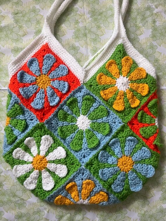 Crochet Granny Square Tote Bag, Hippie Retro ...
