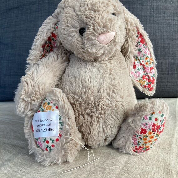 lost/found stuffed animal tag, SOFT sew on la...