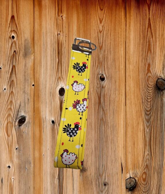 Chicken Key Fob Wristlet, Yellow Polka Dot Ke...