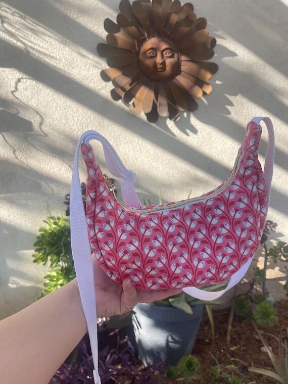 Mini Pink Flower Print Creacent Bag...