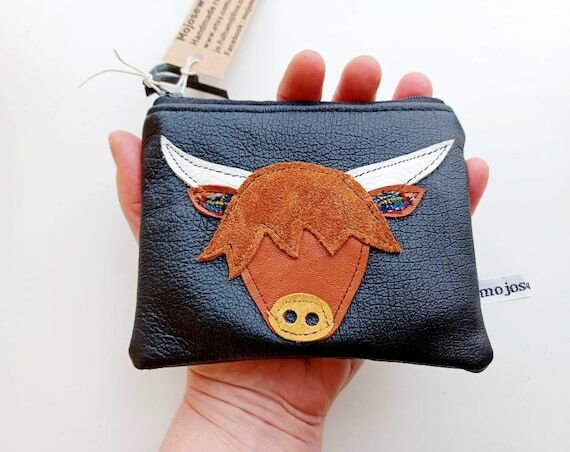Recycled Leather Highland Cow Coin Purse: Han...