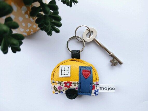 Yellow leather caravan keychain: handmade col...