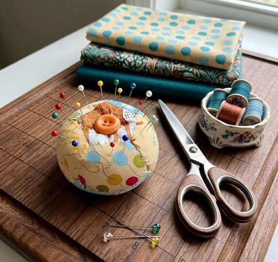 Handmade Zoo Print Pincushion, pentagon piece...