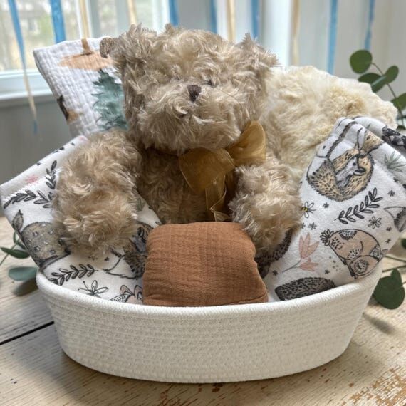 Baby Boy Gift Basket, Teddy Bear, Swaddle, Bl...