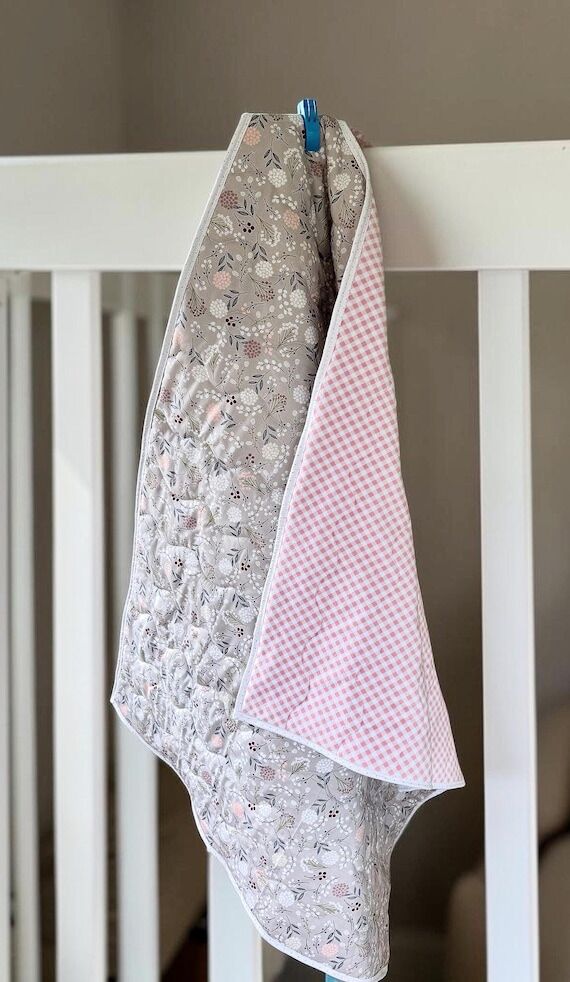 Handmade Floral Baby Quilt, Pink & Gray, Min...