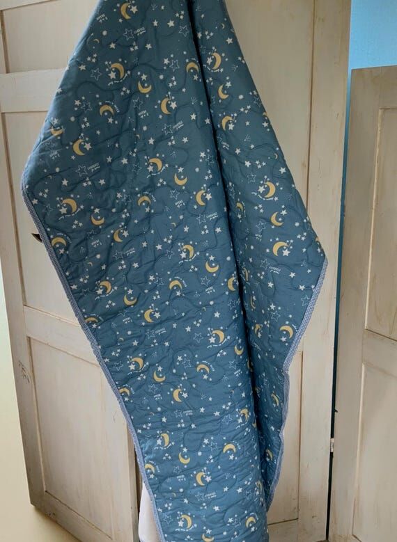 Handmade Moon and Stars Baby Quilt: Blue Mink...