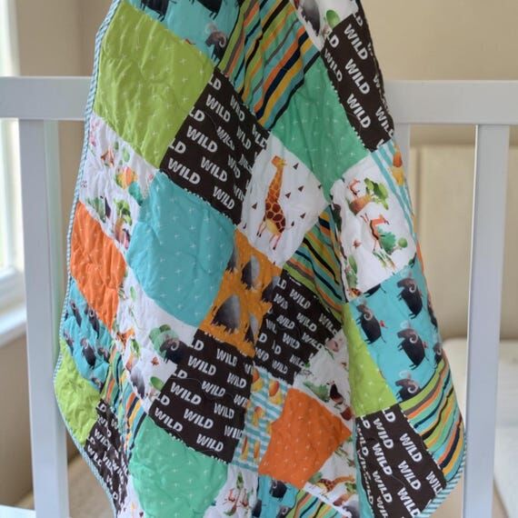 Handmade Zoo Animal Baby Quilt: Elephant, Gir...