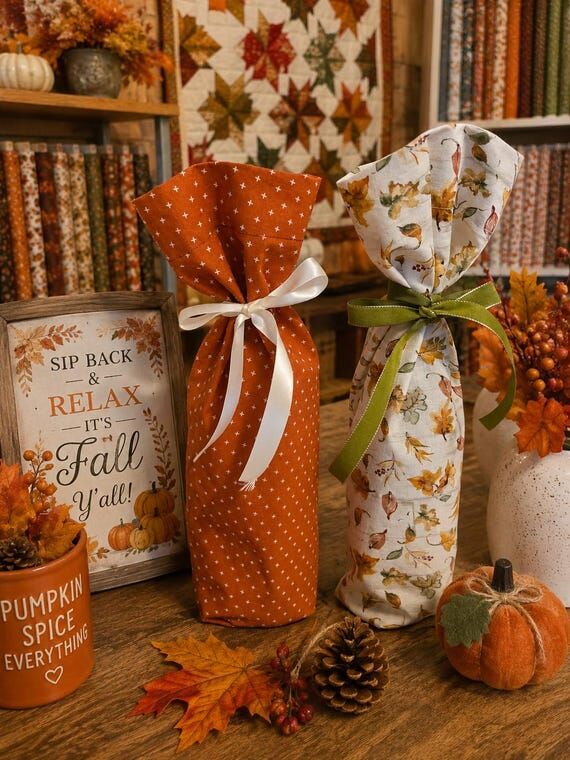 Reusable Handmade Fall Fabric Wine Gift Bags ...