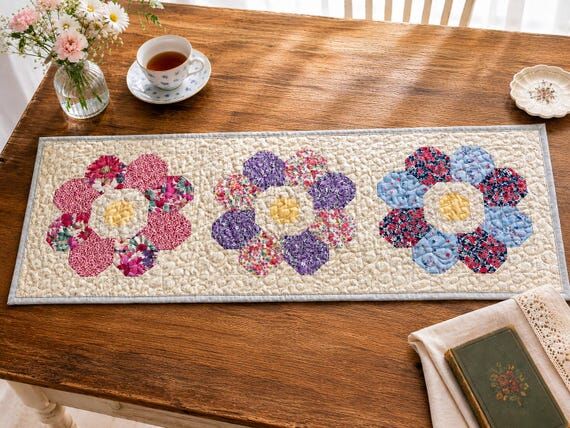 Floral Quilted Table Runner | Pink Purple Blu...