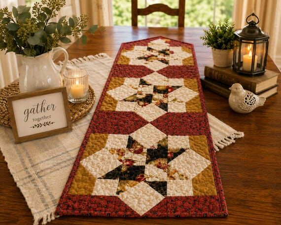 Handmade Quilted Christmas Table Runner, Gold...