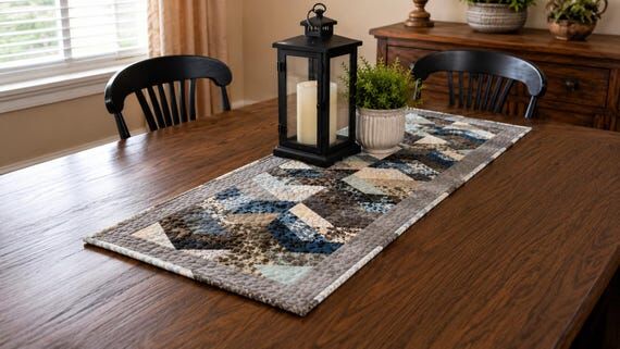 Modern Geometric Table Runner | Blue, Gray & ...