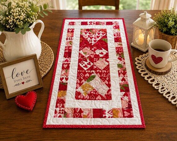 Handmade Valentine Quilted Table Runner | Dar...