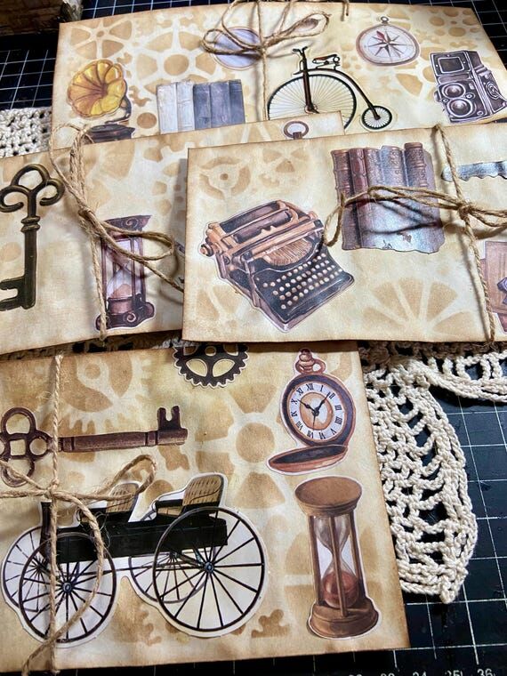 Handmade Decorated Envelopes Set of 4 Steampu...