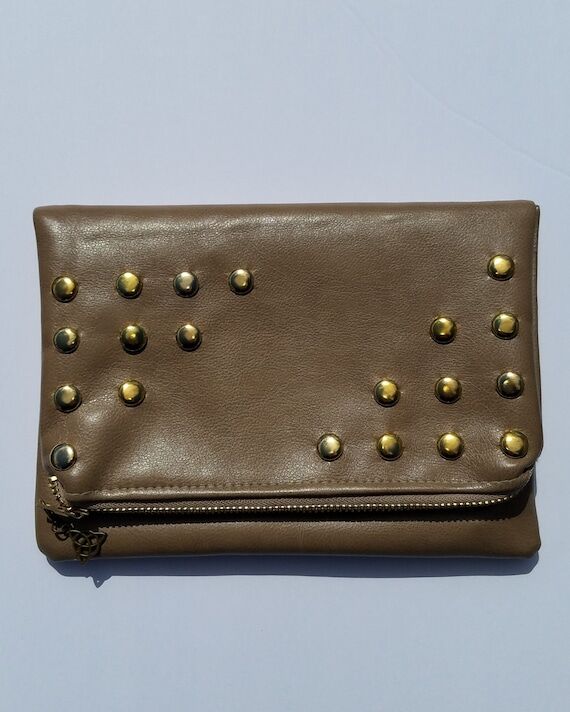 Handmade Tan Vinyl Gold Studded Fold Over Clu...