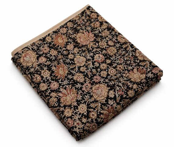 Black Floral Cotton Fabric | Indian Block Pri...