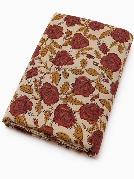 Hand Block Print Cotton Fabric, Beige Red Flo...