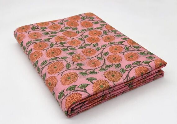 Pink Floral Hand Block Print Cotton Fabric, I...