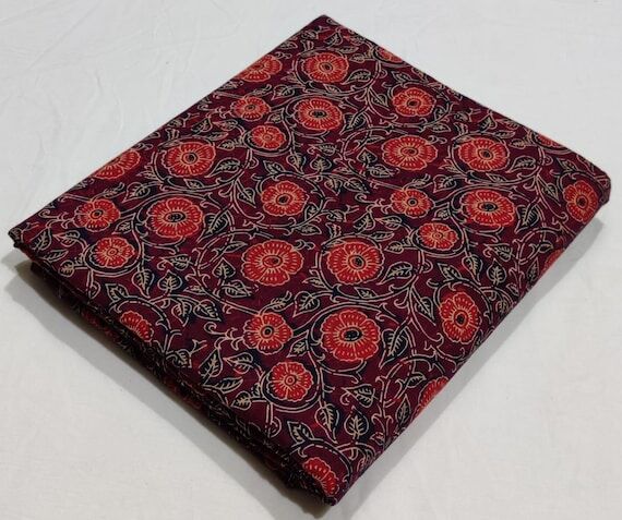 Burgundy Floral Cotton Fabric, Indian Block P...
