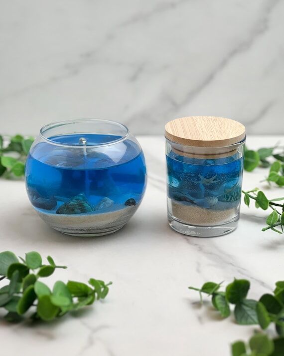 Handmade nautical blue gel candle with cotton...