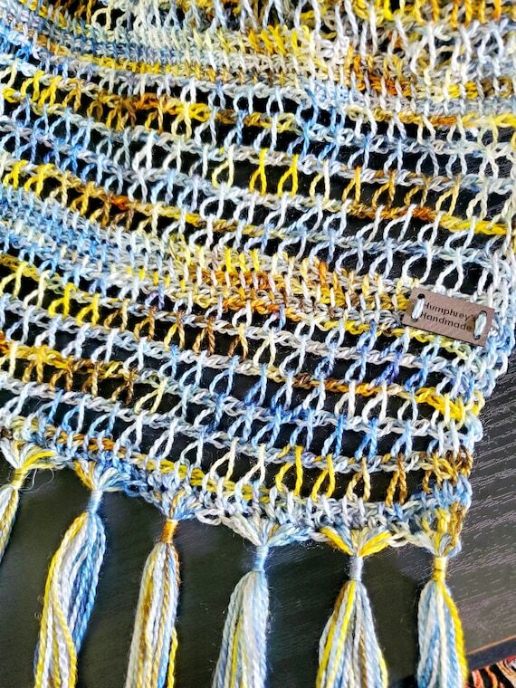 BLUE & YELLOW Lace Merino Wool Scarf, Tunisia...