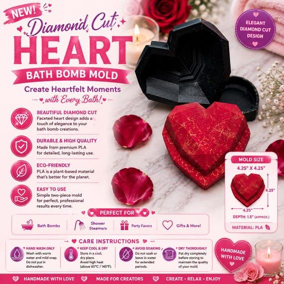 Diamond Cut Heart Bath Bomb Mold | 4.25” 3...