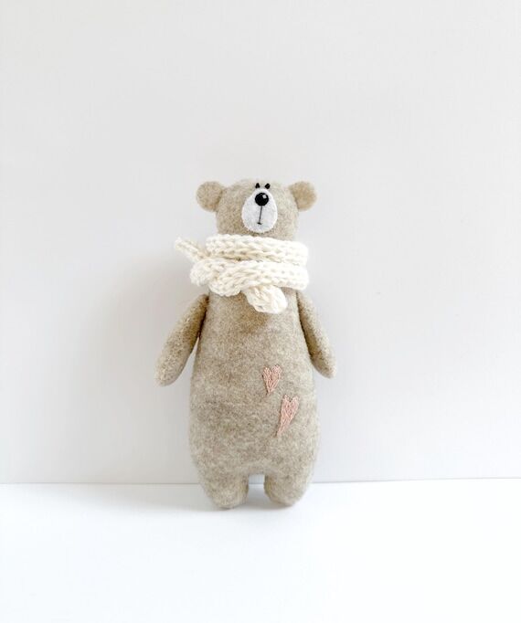 Hand-Stitched Beige Bear Plushie, Pink Heart ...