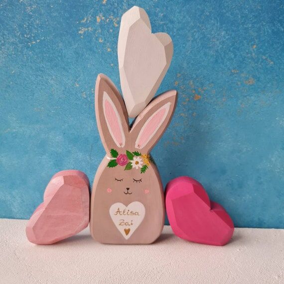 Natural Wood Rabbit & Pink Heart Gift Set, Nu...