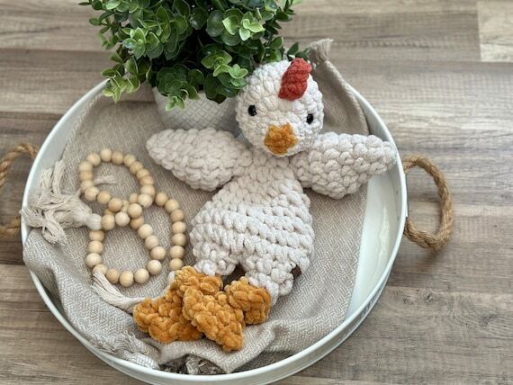 Crochet Chicken Lovey, Handmade Farm Baby Snu...